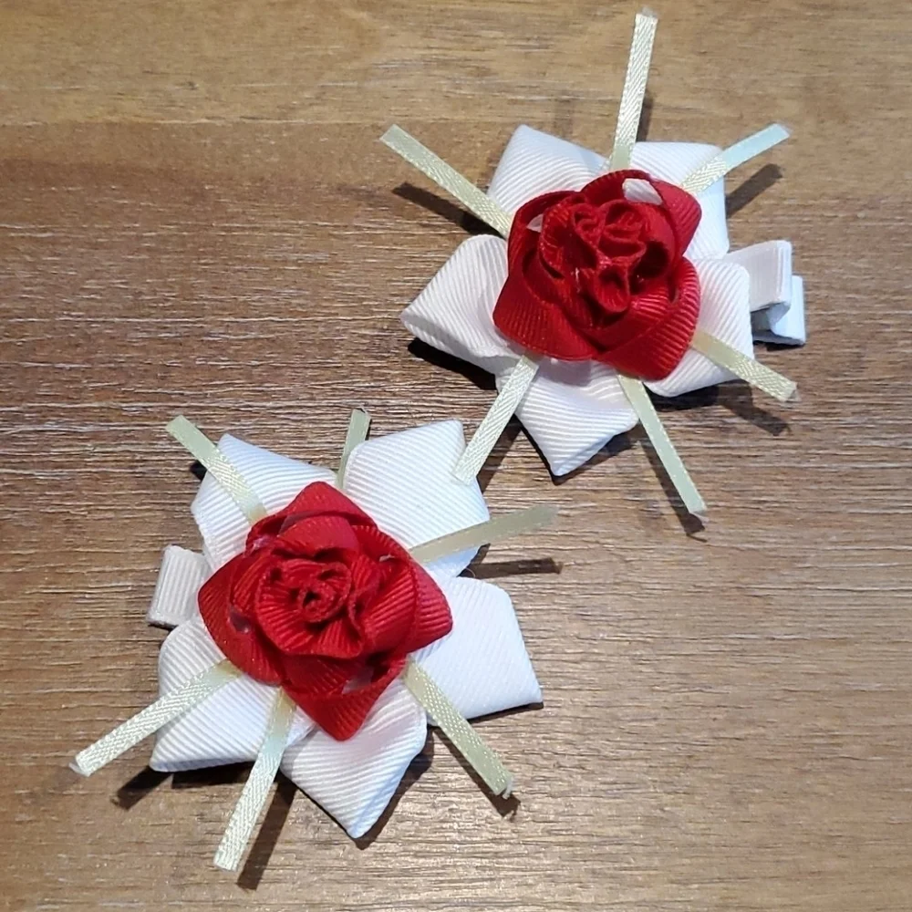 Red Rose Hair Clips Set of 2 Boutique Flower Girl Holiday Hair Bows